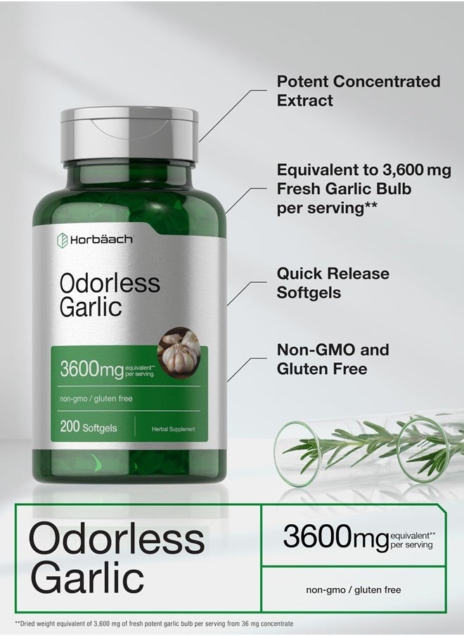 Horbaach Odorless Garlic Softgels | 200 Count | Ultra Potent Garlic Extract | Non-GMO & Gluten Free Pills | by Horbaach  - Image 4
