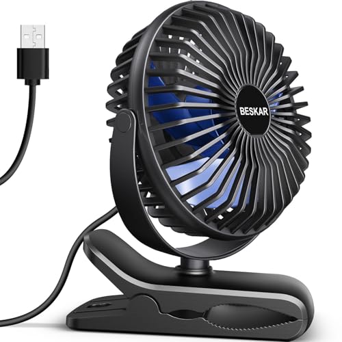 BESKAR مروحة BESKAR USB القابلة للتثبيت، مروحة صغيرة محمولة تعمل بالطاقة السلكية، 3 سرعات تدفق هواء قوي، مع مشبك قوي، مروحة مكتبية شخصية هادئة - Image 1