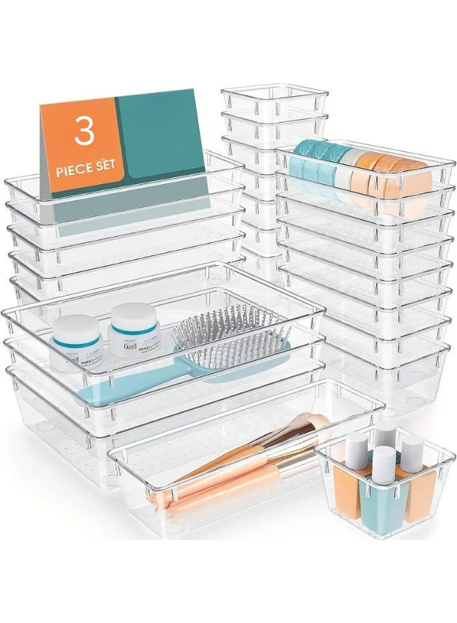 3 PCS Clear Plastic Drawer Organizers Set – Versatile Storage Bins for Bathroom, Vanity, Kitchen, Bedroom & Office | Stackable Non-Slip Drawer Trays for Makeup, Utensils & Accessories - Image 1