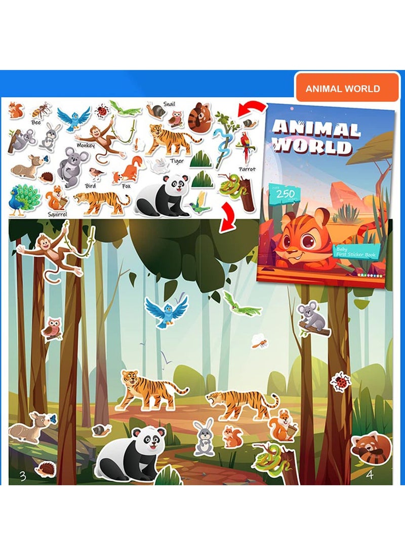 unikbebe - 250Pcs Sticker Book, Animal Theme with 8 Scenes, No Mess Sticker Art for Kids, DIY Craft Kit, Educational Learning Toy, Portable Travel Activity Book, Make Your Own Fun Stickers for Toddlers, Waterproof Busy Book, Gift for Boys & Girls - Image 1