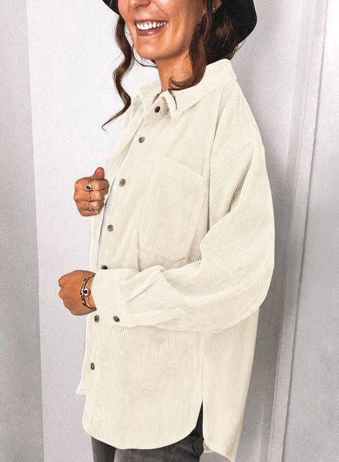 Saslax Womens Corduroy Shirt Long Sleeve Oversized Button Up V Neck Blouses Tops Loose Shacket Jacket, A-beige, M - Image 4
