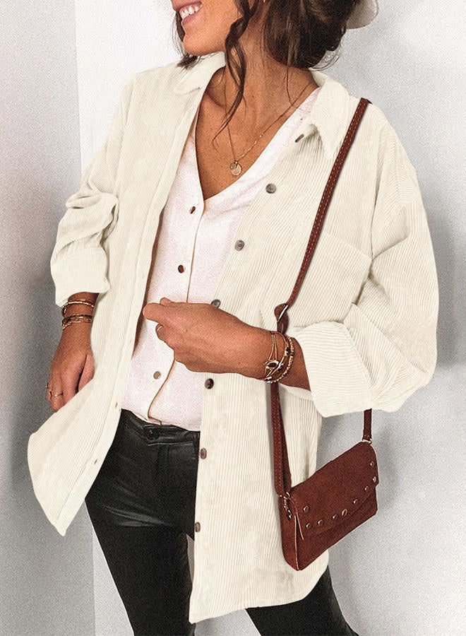Saslax Womens Corduroy Shirt Long Sleeve Oversized Button Up V Neck Blouses Tops Loose Shacket Jacket, A-beige, M - Image 2