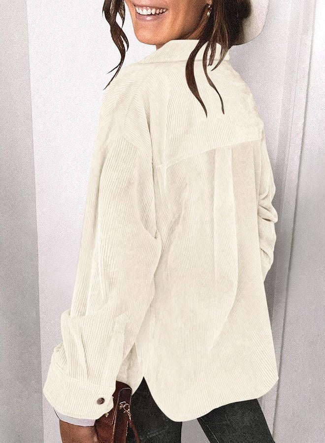 Saslax Womens Corduroy Shirt Long Sleeve Oversized Button Up V Neck Blouses Tops Loose Shacket Jacket, A-beige, M - Image 5