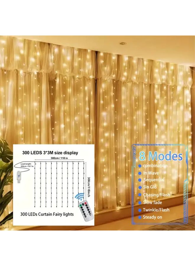 300 LED USB Curtain Lights Warm White 3x3M 8 Modes Remote For Christmas Party Decor - Image 1
