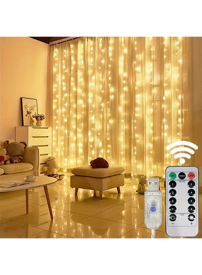 300 LED USB Curtain Lights Warm White 3x3M 8 Modes Remote For Christmas Party Decor - Image 2