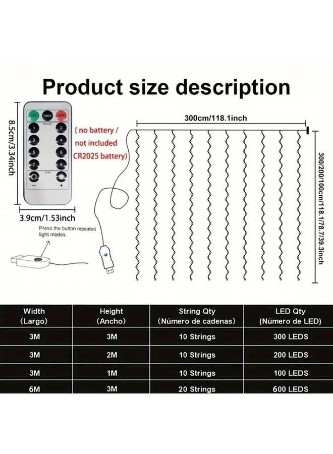 300 LED USB Curtain Lights Warm White 3x3M 8 Modes Remote For Christmas Party Decor - Image 4
