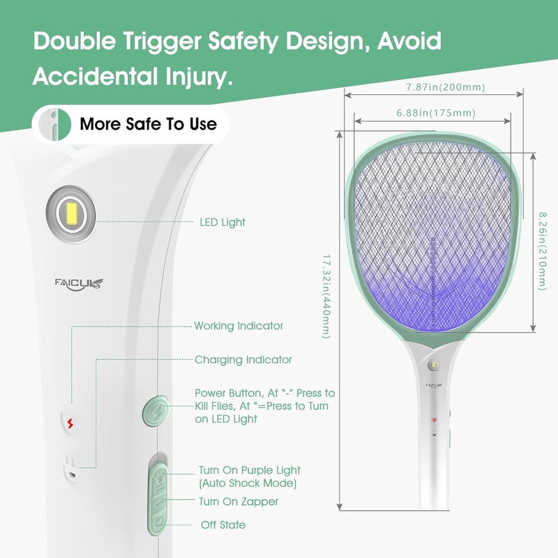 Faicuk Rechargeable Handheld Bug Zapper Racket 2 in 1 Electric Fly Swatter (2 in 1 Green) - Image 2