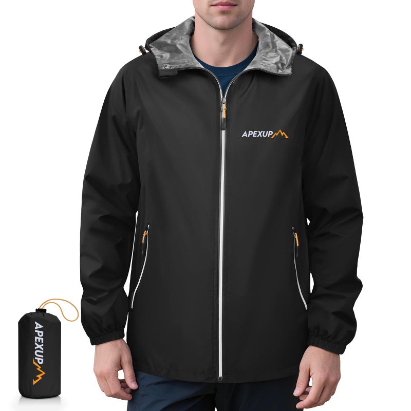 APEXUP Packable Rain Jacket Men with Reflective Zipper, Lightweight Waterproof Jacket Windbreaker Hooded Raincoat, Mens Rain Jackets for Outdoor, Running, Hiking, Travel, Cycling (Black, 3XL) - Image 1