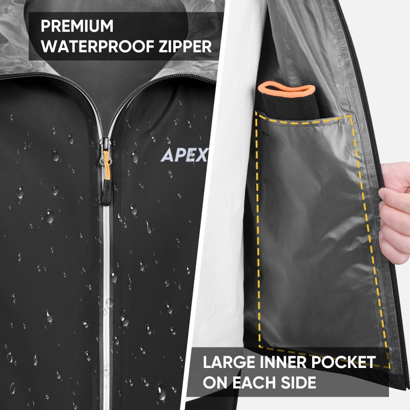 APEXUP Packable Rain Jacket Men with Reflective Zipper, Lightweight Waterproof Jacket Windbreaker Hooded Raincoat, Mens Rain Jackets for Outdoor, Running, Hiking, Travel, Cycling (Black, 3XL) - Image 4