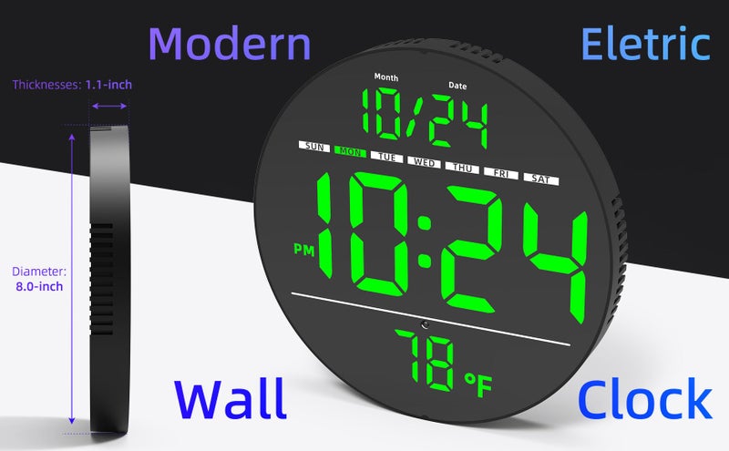 XUANZIT Digital Wall Clock with Large LED Display, Date, Temperature, Auto-Brightness | Small [PLUG-IN] Clock | Modern Electric Wall Clock for Bedroom, Classroom, Living Room, Home, Office, Farmhouse â€“ Green - Image 2