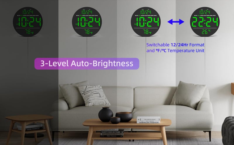 XUANZIT Digital Wall Clock with Large LED Display, Date, Temperature, Auto-Brightness | Small [PLUG-IN] Clock | Modern Electric Wall Clock for Bedroom, Classroom, Living Room, Home, Office, Farmhouse â€“ Green - Image 5
