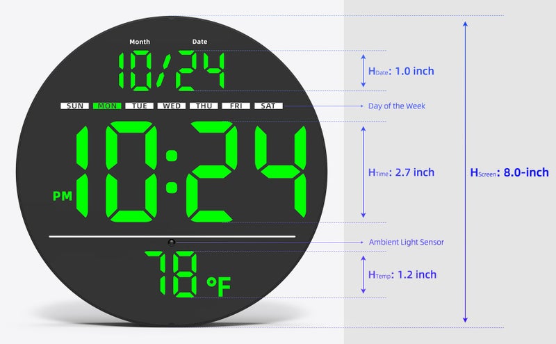 XUANZIT Digital Wall Clock with Large LED Display, Date, Temperature, Auto-Brightness | Small [PLUG-IN] Clock | Modern Electric Wall Clock for Bedroom, Classroom, Living Room, Home, Office, Farmhouse â€“ Green - Image 3