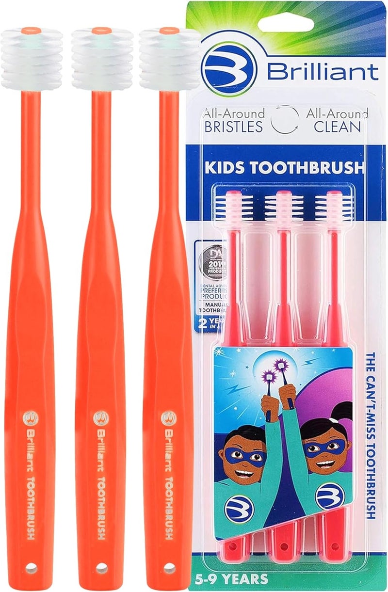 Brilliant Kids Toothbrush For Ages 59 Years Old For Girl or Boy Use When Adult Teeth Arrive Microfiber Bristles Clean Whole Mouth Kids Toothbrushes Improve Tooth and Gum Health Red 3 Pack - Image 1