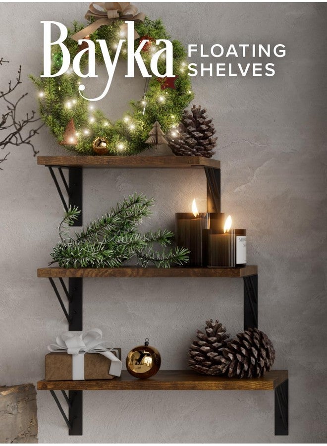 BAYKA Wall Shelves for Bedroom Decor, Floating Wall Shelves for Living Room Kitchen Storage, Wall Mounted Rustic Wood Floating Shelves for Kids Books, Small Shelf for Bathroom(Brown，Set of 3) - Image 3