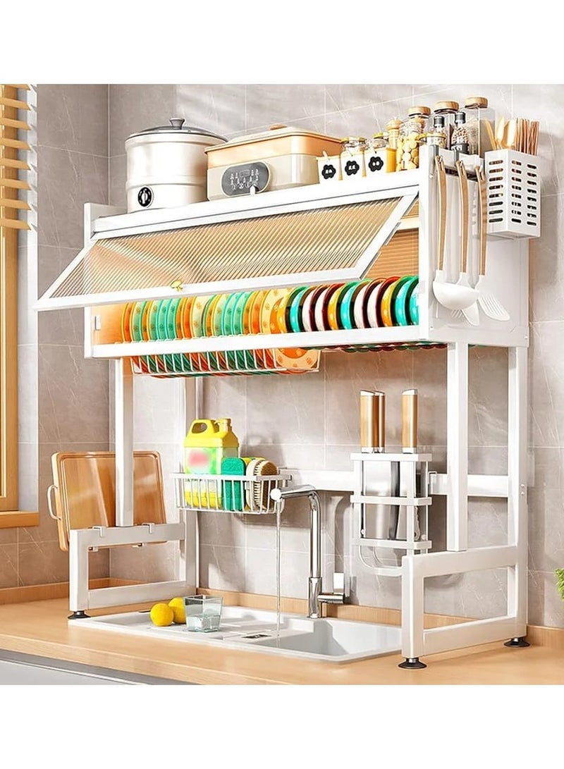 DubaiGallery رف خزائن الأطباق المعدنية مضاد للغبار مع باب خزانة رف حوض متعدد الوظائف لتجفيف الأطباق وتنظيم المطبخ - Image 2