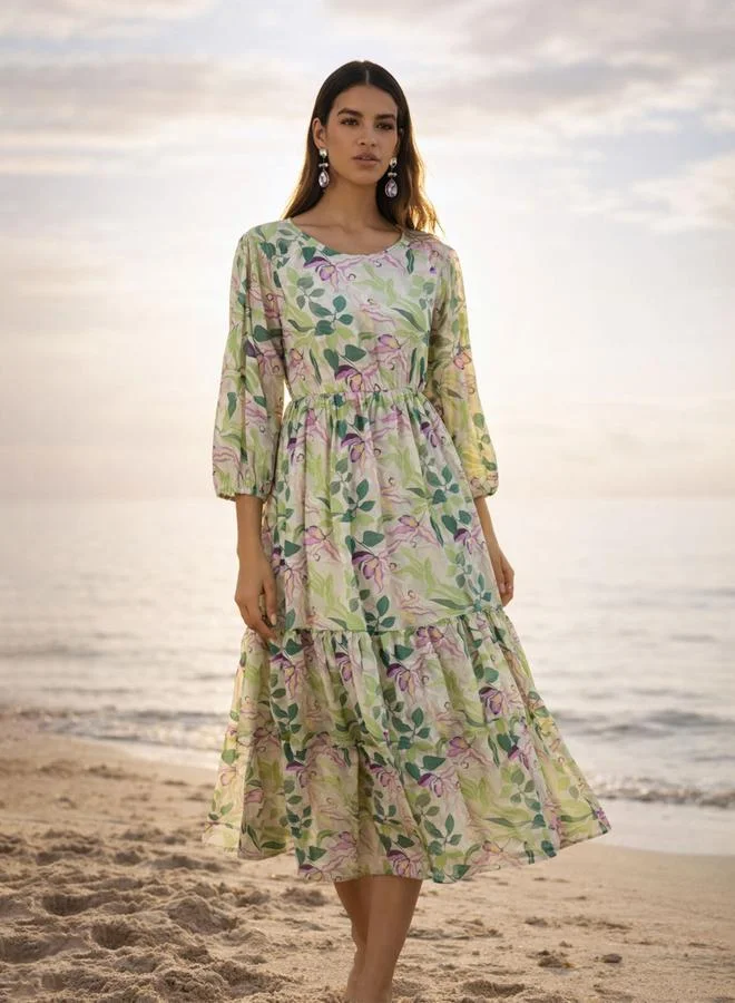 ساسافراس Floral Print Balloon Sleeve Tiered Midi Dress