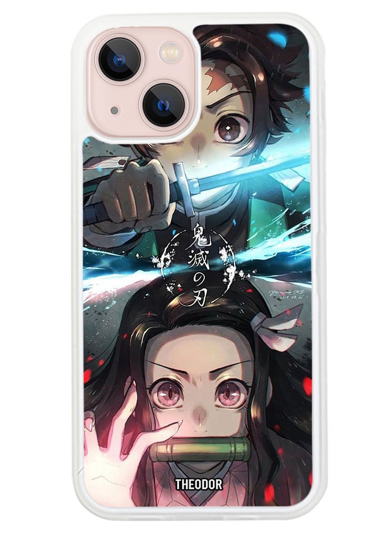 Theodor Protective Case Anti Scratch Shock Proof Cover For APPLE IPHONE 14 Animation Tanjiro And Nezuko From Demon Slayer Anim (White Bumper) - Image 1