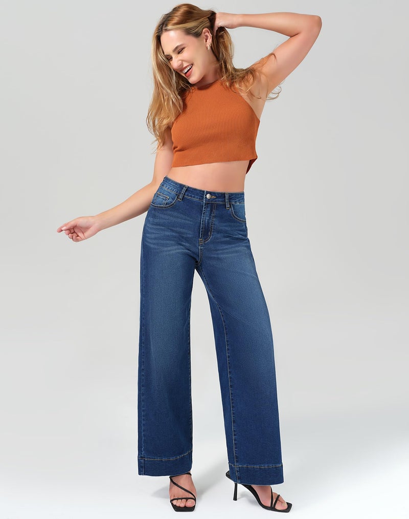 roswear Women's Wide Leg Jeans Casual High Waisted Stretchy Baggy Loose Long Trouser Jeans Midnight Blue Small - Image 3