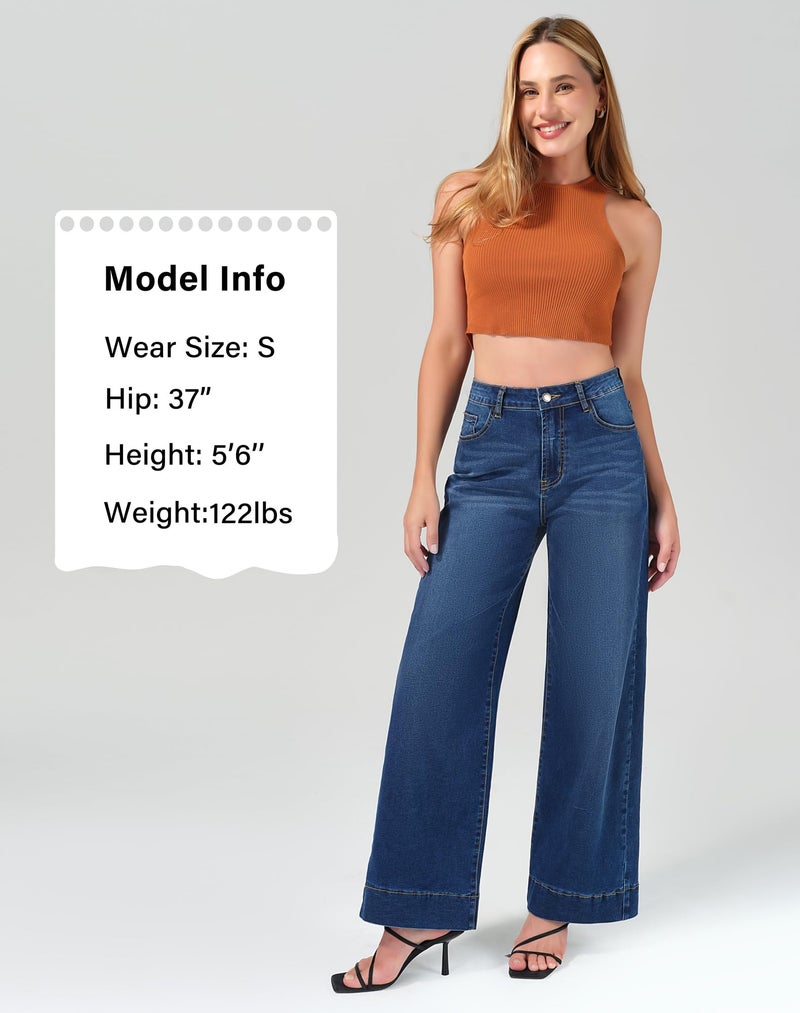 roswear Women's Wide Leg Jeans Casual High Waisted Stretchy Baggy Loose Long Trouser Jeans Midnight Blue Small - Image 5
