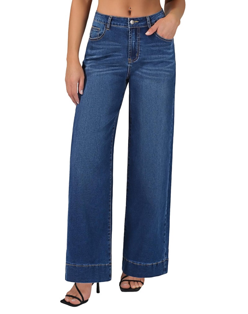 roswear Women's Wide Leg Jeans Casual High Waisted Stretchy Baggy Loose Long Trouser Jeans Midnight Blue Small - Image 1