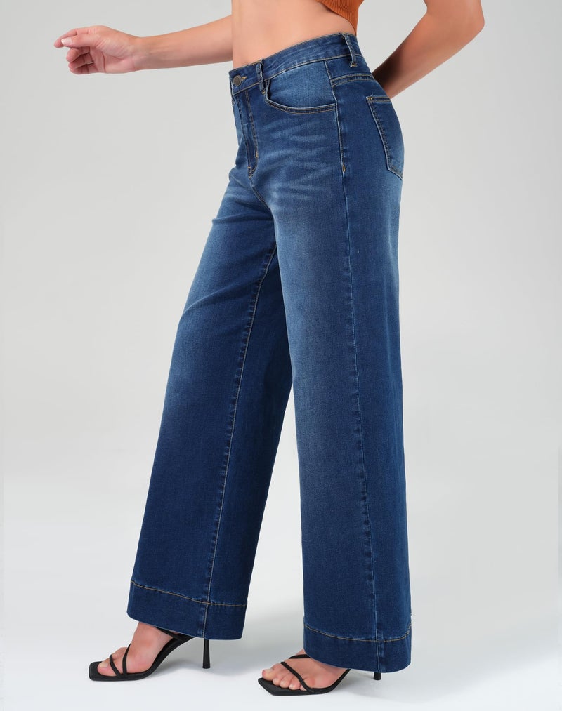 roswear Women's Wide Leg Jeans Casual High Waisted Stretchy Baggy Loose Long Trouser Jeans Midnight Blue Small - Image 2