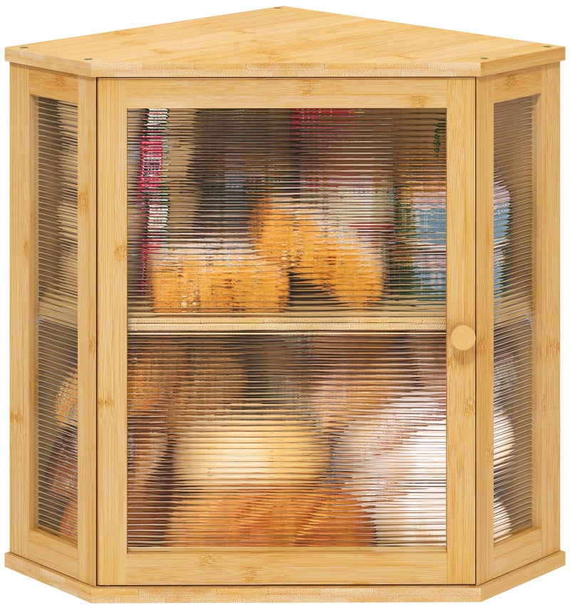 viewcare Corner Bread Box for Kitchen Counter, Bamboo Wood Large Capacity Bread Storage Bin with Acrylic Wavy Door Panel (Natural, Extra Large) - Image 1