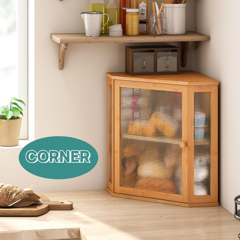viewcare Corner Bread Box for Kitchen Counter, Bamboo Wood Large Capacity Bread Storage Bin with Acrylic Wavy Door Panel (Natural, Extra Large) - Image 2