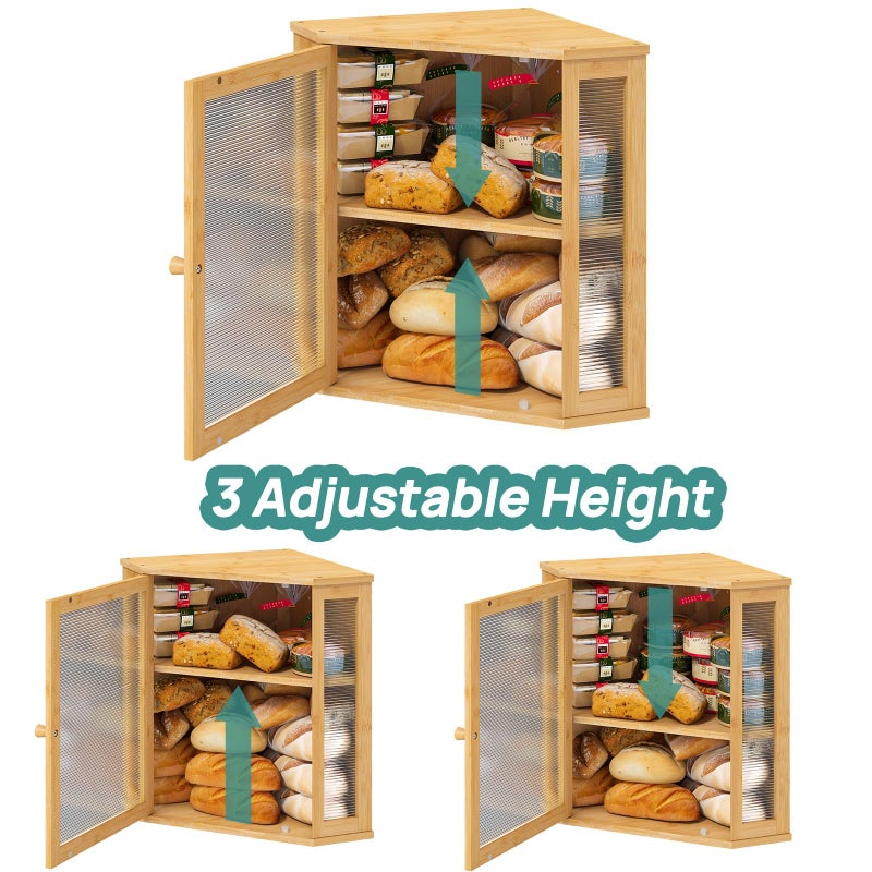 viewcare Corner Bread Box for Kitchen Counter, Bamboo Wood Large Capacity Bread Storage Bin with Acrylic Wavy Door Panel (Natural, Extra Large) - Image 5