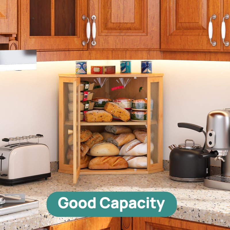 viewcare Corner Bread Box for Kitchen Counter, Bamboo Wood Large Capacity Bread Storage Bin with Acrylic Wavy Door Panel (Natural, Extra Large) - Image 4