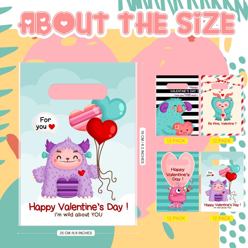 Tiangrid 48 Pieces Valentine Plastic Gift Bags Valentine's Day Treat Bags Candy Packaging Monsters Teal Color Party Favors with Handle for Holiday Supplies - Image 2