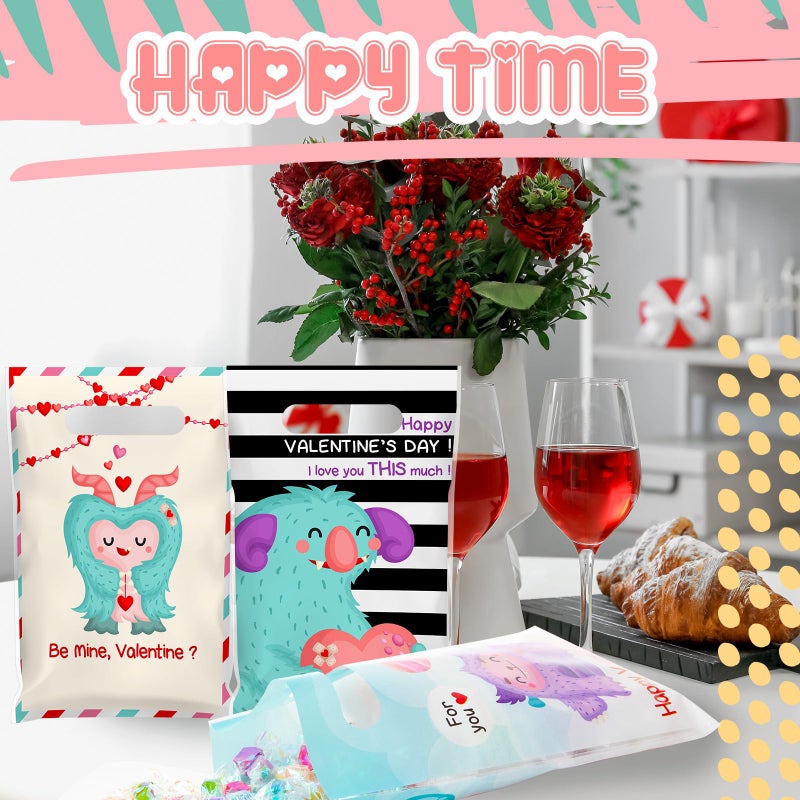 Tiangrid 48 Pieces Valentine Plastic Gift Bags Valentine's Day Treat Bags Candy Packaging Monsters Teal Color Party Favors with Handle for Holiday Supplies - Image 5
