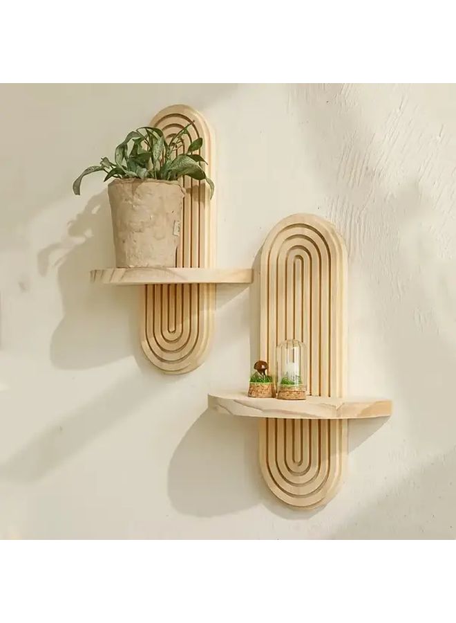 أرفف حائط خشبية بوهيمية بيضاء بتصميم هندسي ثنائي اللون لتزيين النباتات - Image 2