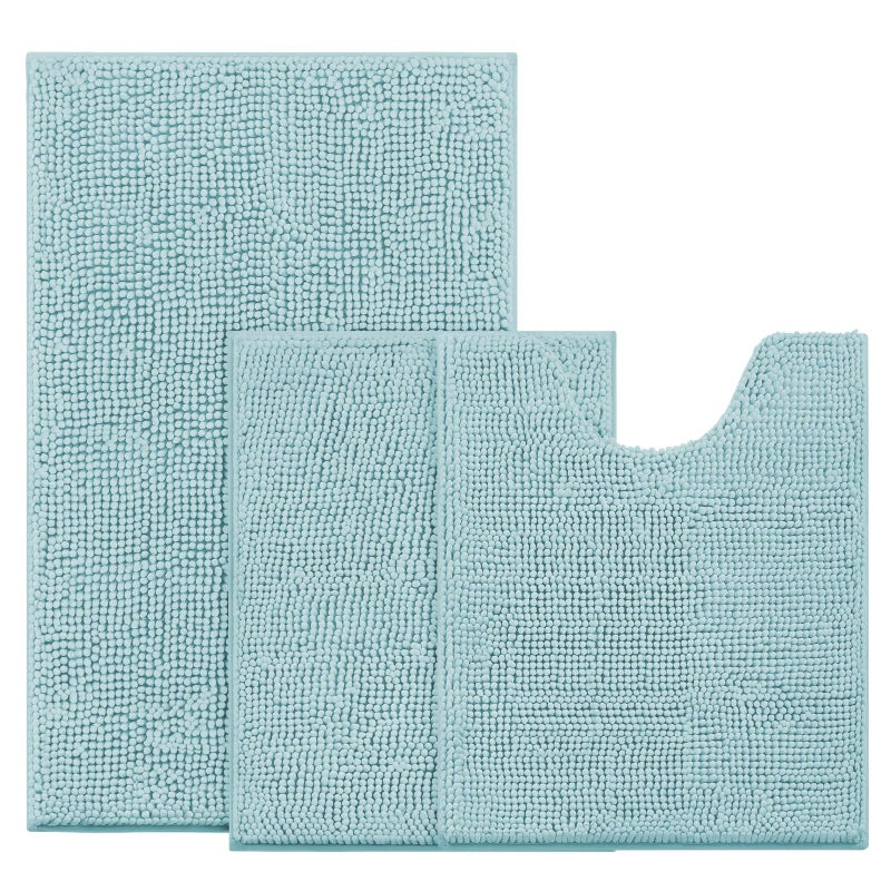 BYSURE Light Blue Bathroom Rugs Sets 3 Piece Non Slip Extra Absorbent Plush Chenille Soft Washable Bath Mats