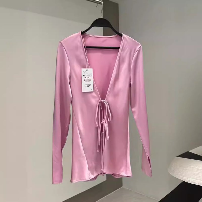 2024 Summer Chic Satin Bow Tie Slim Womens Blouse White - Image 4