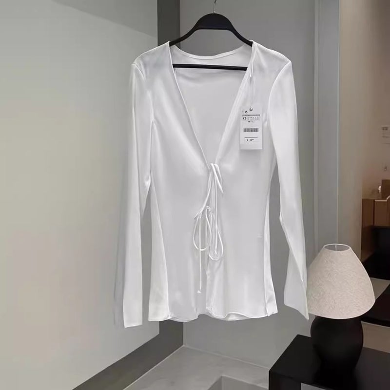 2024 Summer Chic Satin Bow Tie Slim Womens Blouse White - Image 3