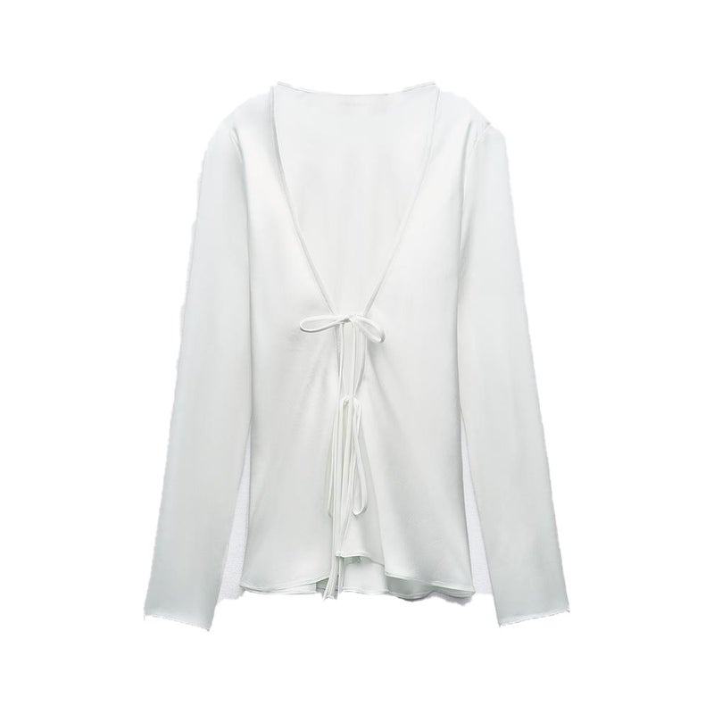 2024 Summer Chic Satin Bow Tie Slim Womens Blouse White - Image 1