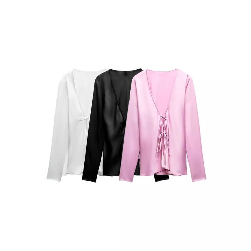 2024 Summer Chic Satin Bow Tie Slim Womens Blouse White - Image 5