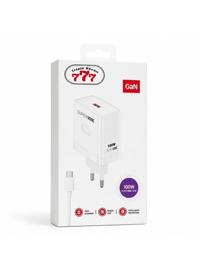 777 Triple Seven 777 100W SuperVOOC GaN Fast Wall Charger, Advanced Smart Chip Protection, Universal Compatibility for Phones & Laptops - White - Image 3