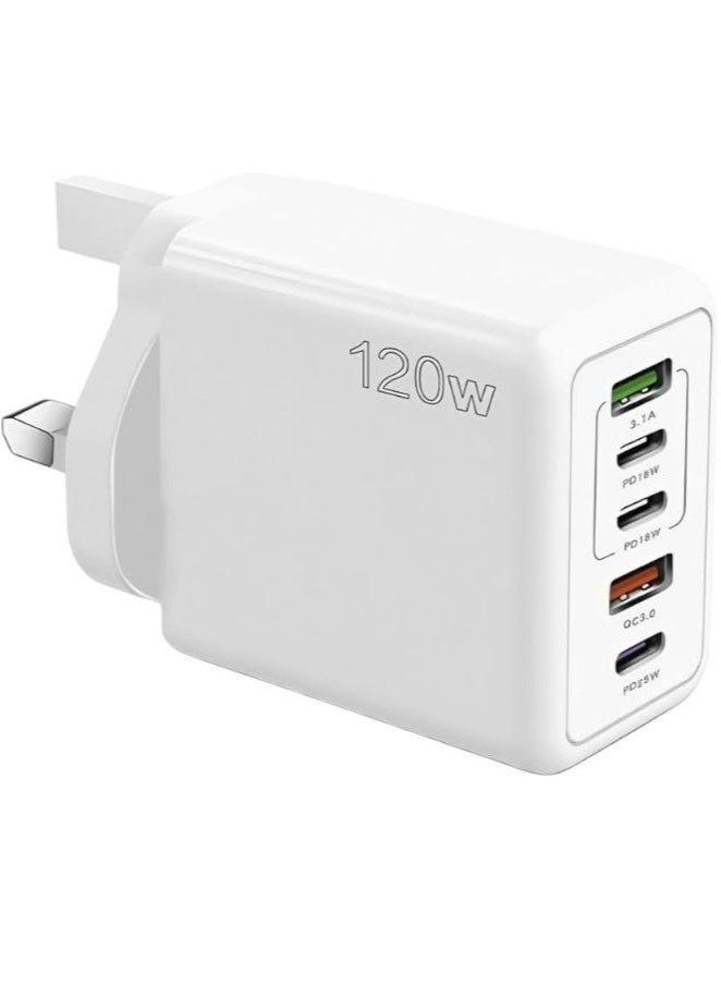 120W PD QC 3.0 Type C Fast Charger Adapter (white), 5-Port USB A & USB C Compatible with Samsung Galaxy S23/S22, Iphone 15/14/13 Pro Max, MacBook, Ipad, Laptops, OnePlus - Image 1