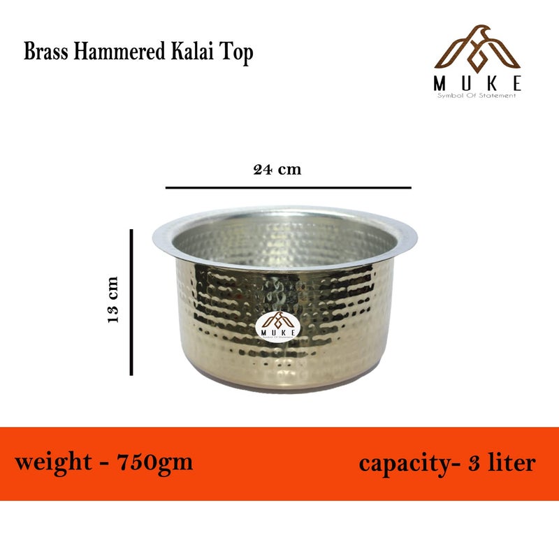 MUKE® Brass Hammered Patila, Brass Tope, Brass Cookware, Patila, Round Heavy Bottom Tapeli, Bhagona Kalai Brass top (3 Liter) - Image 2