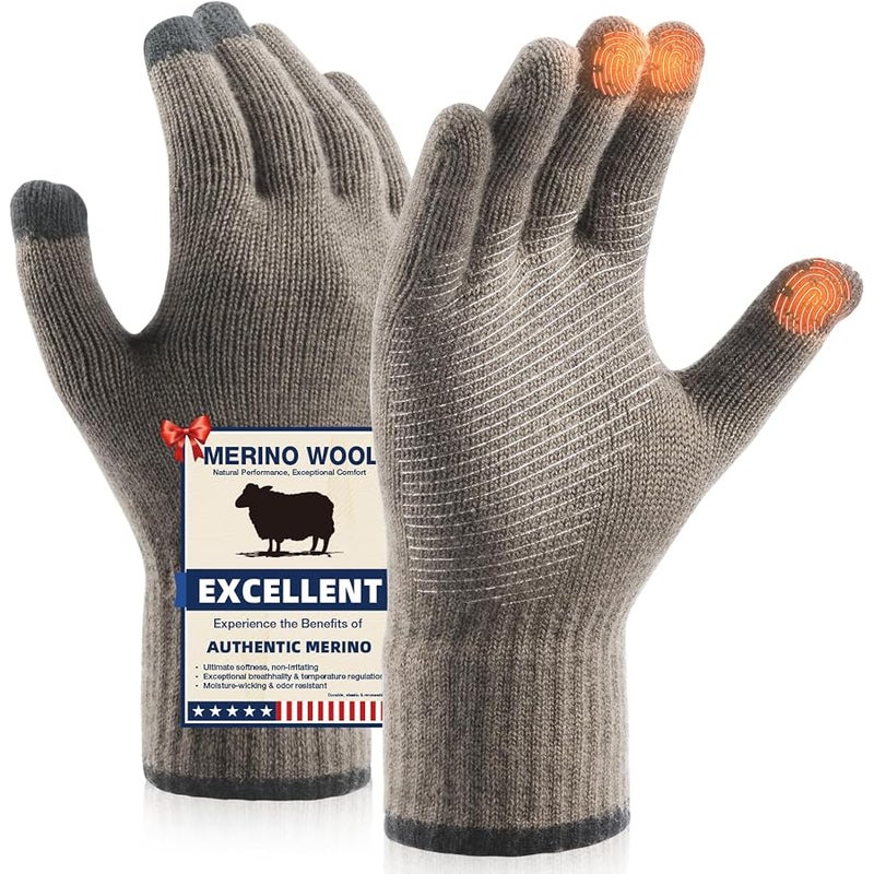 Heat equation Merino Wool Gloves for Men Women Touch Screen Warm Anti-Slip Glove Liners Thermal for Driving Hiking - Image 1