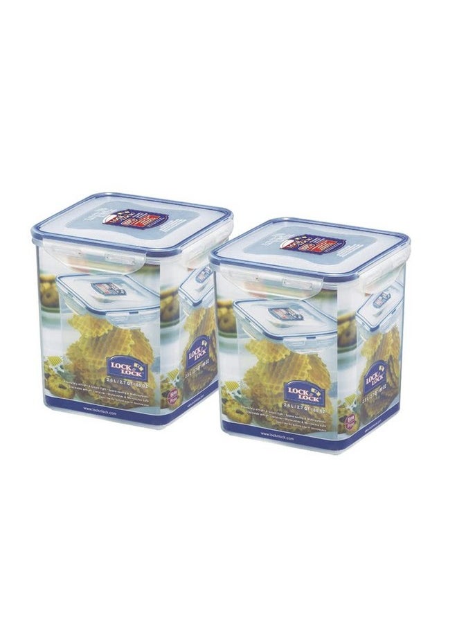LOCK & LOCK Lock & Lock Classic Tall Square Plastic Airtight Food Storage Container with Leak Proof Lid, 2.6 Liter, Transparent, Set of 2 (HPL822B x 2)  - Image 1