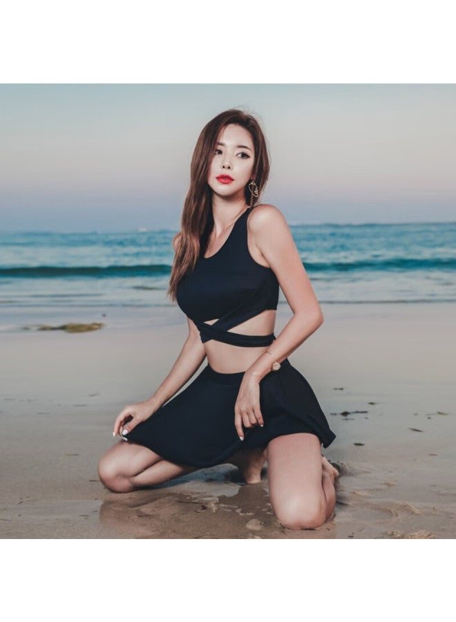 Dk Women's Two-piece Swimsuit With Skirt Push-up Conservative Tummy-covering Slimming Korean Hot Spring Swimwear, Black, Size M - Image 2