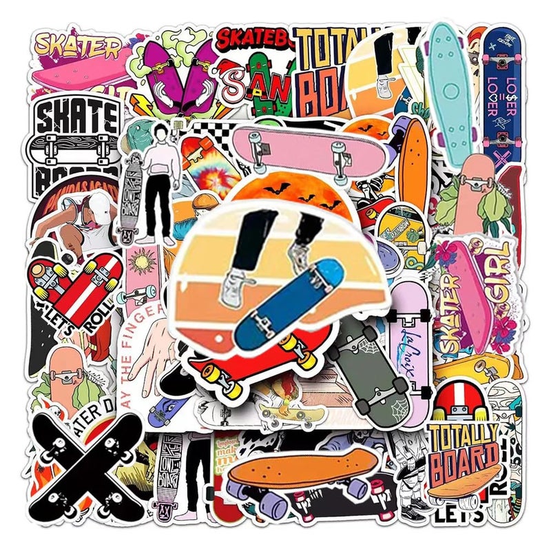 Skateboard Stickers 50Pcs Skateboarding Waterproof Vinyl Decals for Water Bottles Laptop Luggage Cup Computer Mobile Phone Skateboard