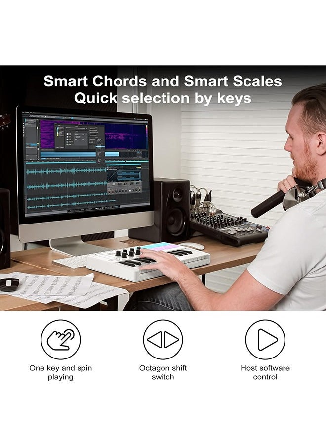 M-VAVE - M-WAVE 25 Key USB MIDI Keyboard Controller With 8 Backlit Drum Pads, Bluetooth Semi Weighted Professional dynamic keybed 8 Knobs and Music Production,Software Included (White) - Image 1