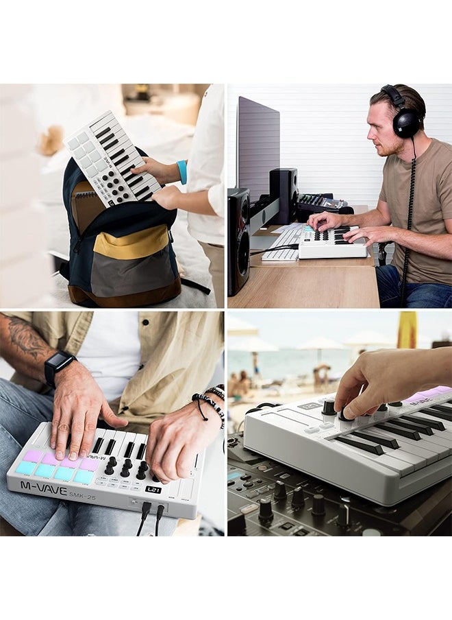 M-VAVE - M-WAVE 25 Key USB MIDI Keyboard Controller With 8 Backlit Drum Pads, Bluetooth Semi Weighted Professional dynamic keybed 8 Knobs and Music Production,Software Included (White) - Image 1