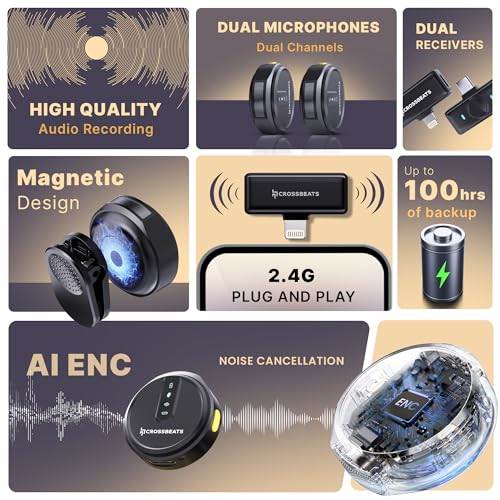 CrossBeats Clip M02 Wireless Mic for YouTube | 2.4GHz Collar Microphone | 80H Battery, Noise Cancel | Vlogging, Reels Video Record | iPhone, Android Type-C | Content Creators | Lapel Mic (Black) - Image 2