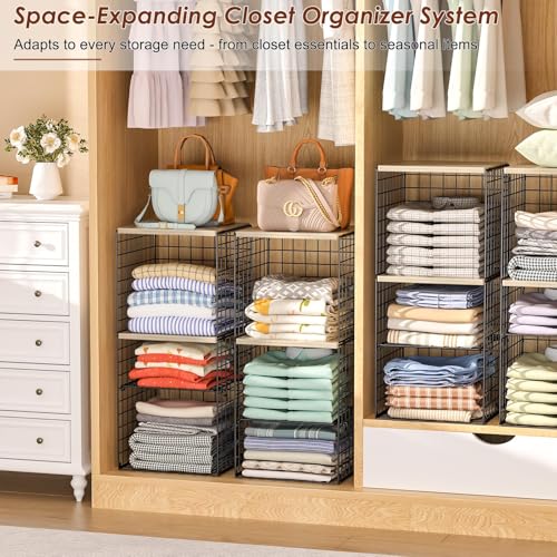 Hencawima 2 Pack Closet Organizer System, Extra Tall & Large Capacity Closet Shelves with Adjustable Dividers, 3-Tier Stackable Storage Bins with Wood Top (Up to 6 Tiers), for Clothes Wardrobe Organization - Image 2
