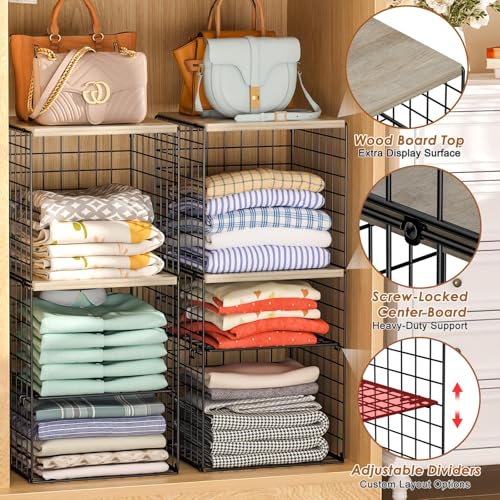 Hencawima 2 Pack Closet Organizer System, Extra Tall & Large Capacity Closet Shelves with Adjustable Dividers, 3-Tier Stackable Storage Bins with Wood Top (Up to 6 Tiers), for Clothes Wardrobe Organization - Image 3