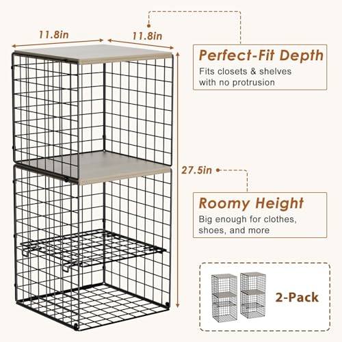 Hencawima 2 Pack Closet Organizer System, Extra Tall & Large Capacity Closet Shelves with Adjustable Dividers, 3-Tier Stackable Storage Bins with Wood Top (Up to 6 Tiers), for Clothes Wardrobe Organization - Image 4